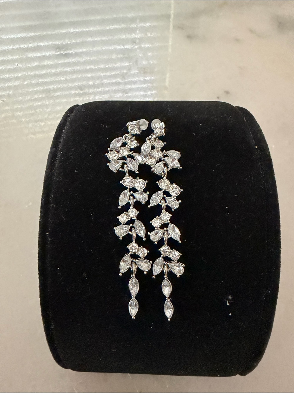 Classic Silver Crystal Dangle Earrings - Sparkling Leaf Design